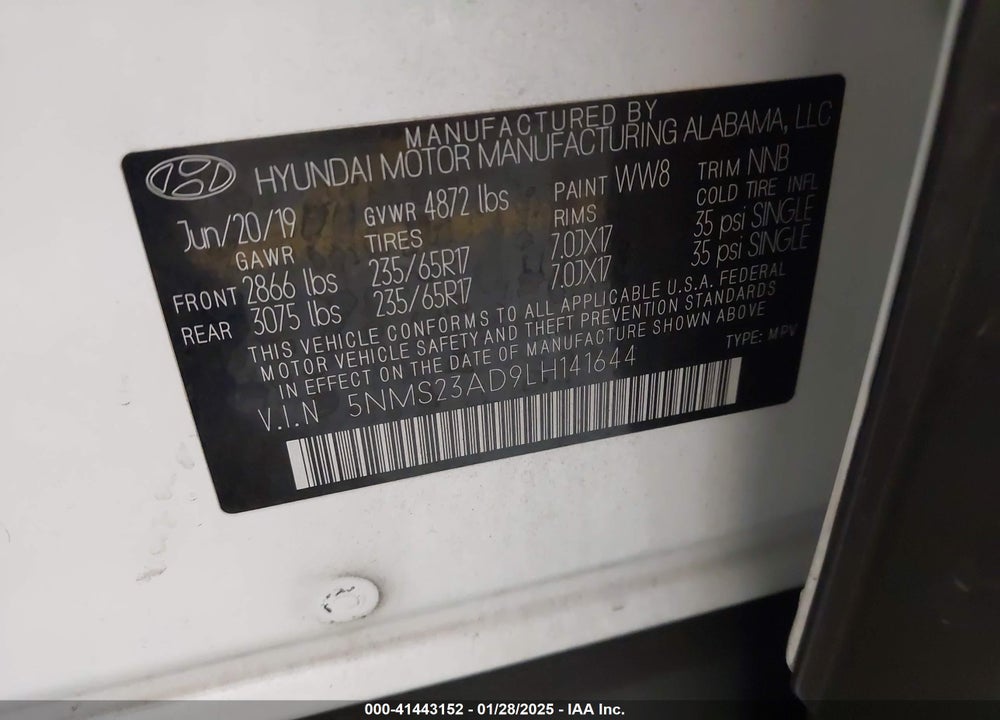 2020 HYUNDAI SANTA FE SE VIN: 5NMS23AD9LH141644