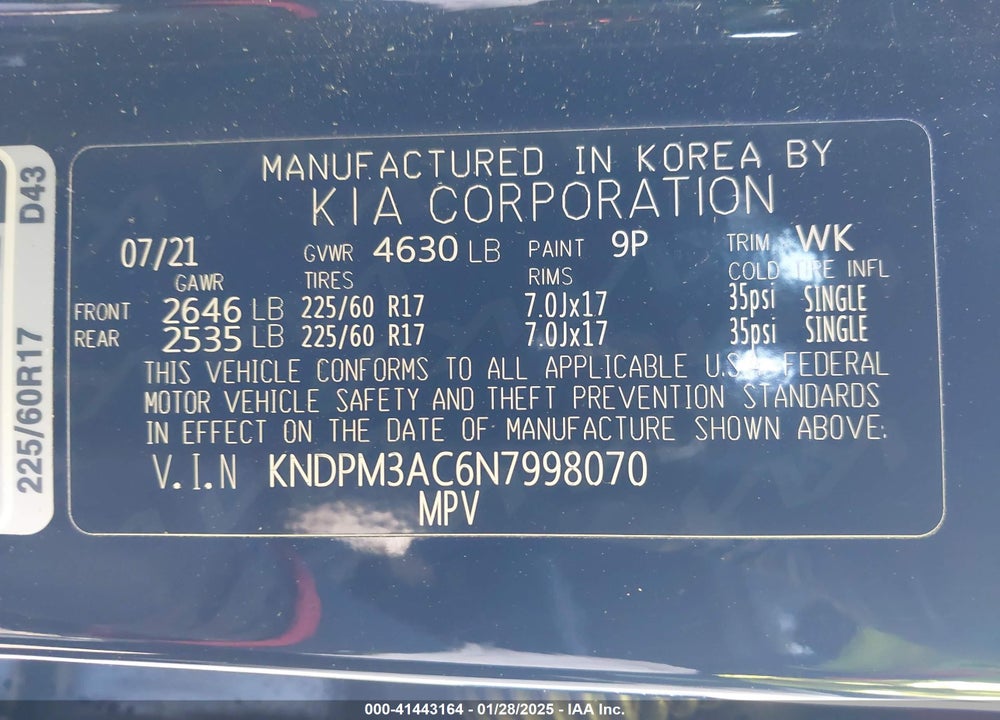 2022 KIA SPORTAGE VIN: KNDPM3AC6N7998070