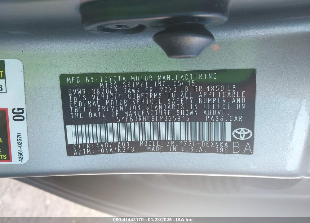2015 TOYOTA COROLLA VIN: 5YFBURHE6FP325915