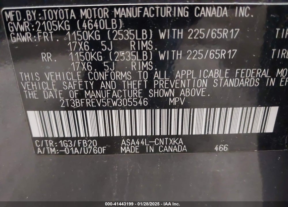 2015 TOYOTA RAV4 LE VIN: 2T3BFREV5FW305546