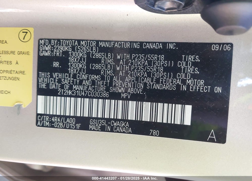 2007 LEXUS RX 350 VIN: 2T2HK31U47C030386