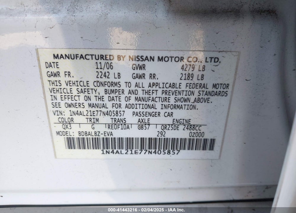 2007 NISSAN ALTIMA 2.5 S VIN: 1N4AL21E77N405857