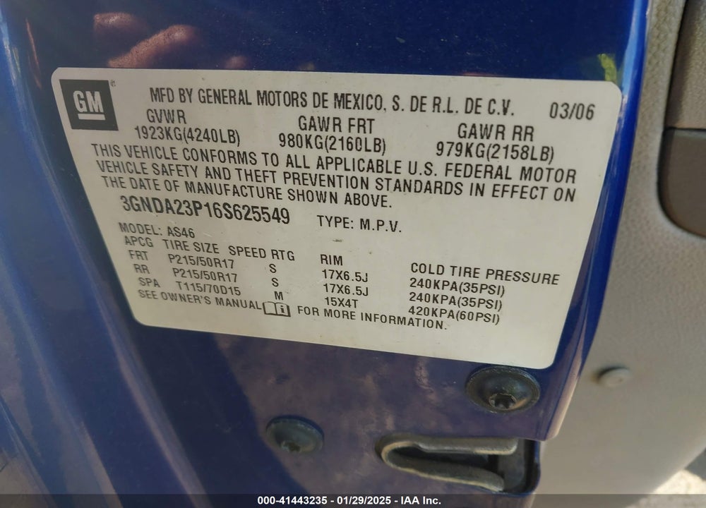 2006 CHEVROLET HHR LT VIN: 3GNDA23P16S625549