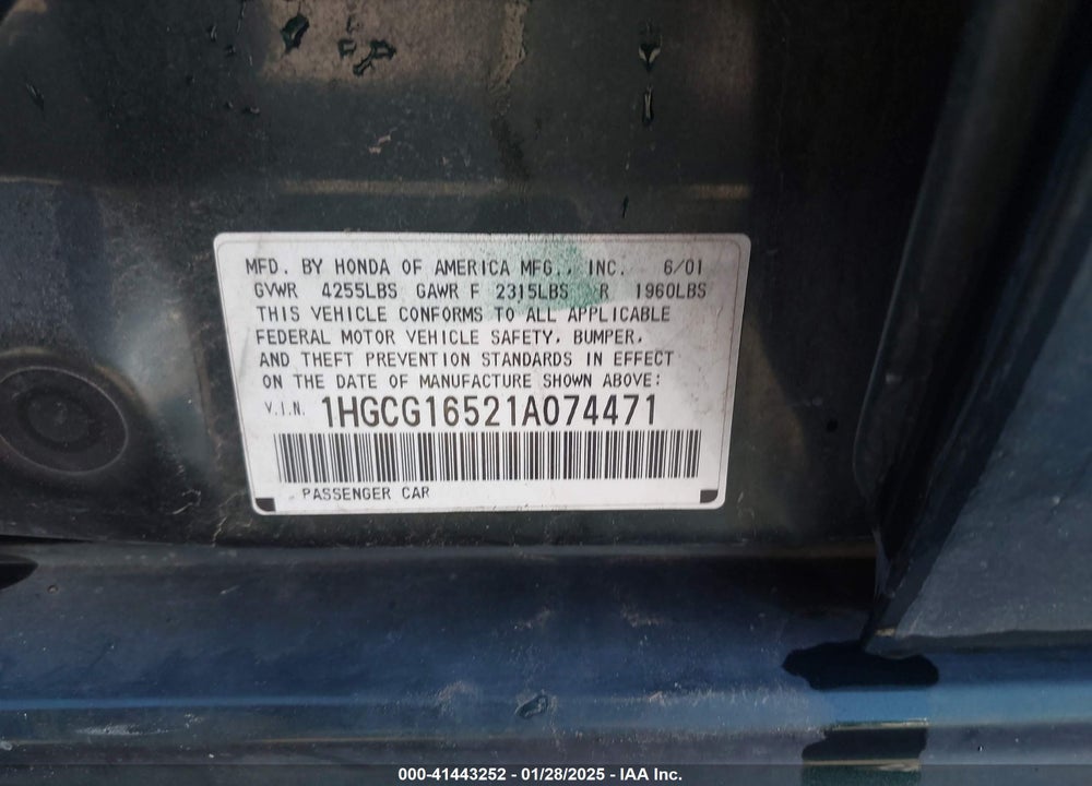 2001 HONDA ACCORD 3.0 EX VIN: 1HGCG16521A074471