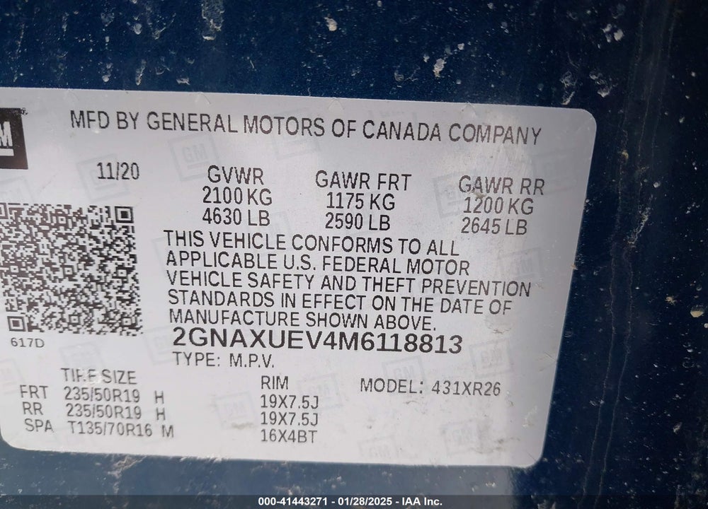 2021 CHEVROLET EQUINOX AWD LT VIN: 2GNAXUEV4M6118813