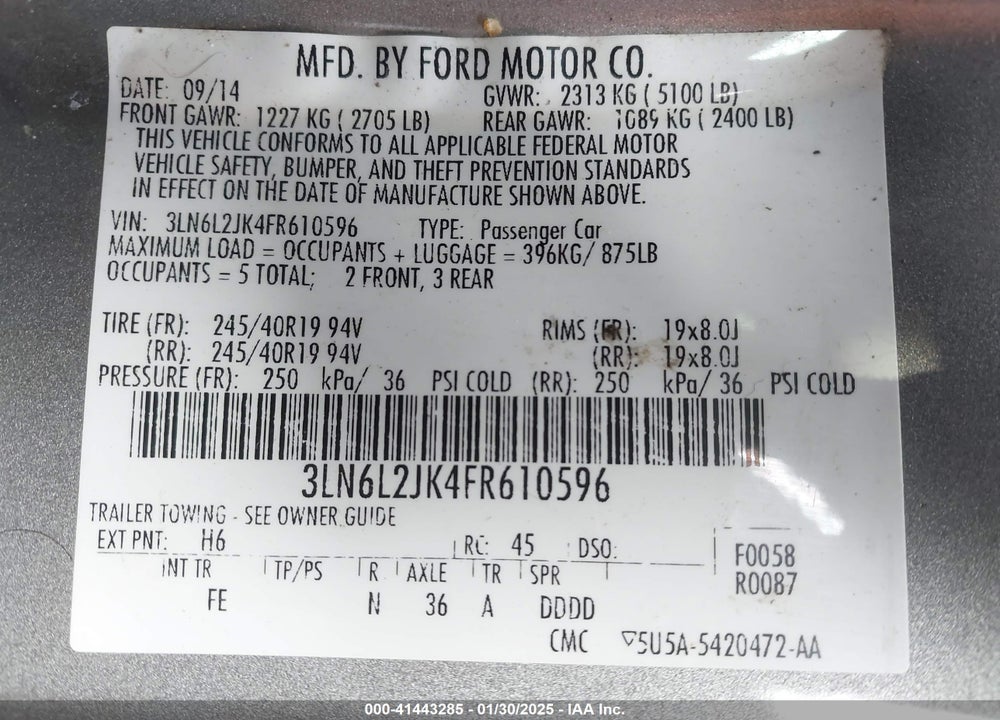 2015 LINCOLN MKZ VIN: 3LN6L2JK4FR610596