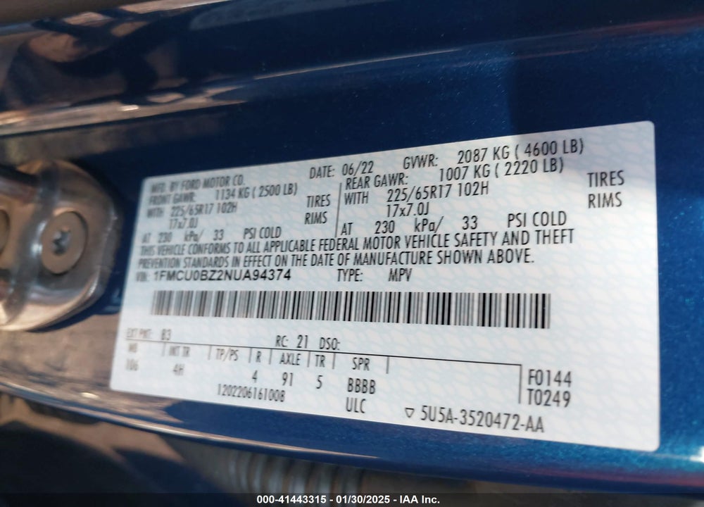 2022 FORD ESCAPE SE HYBRID VIN: 1FMCU0BZ2NUA94374