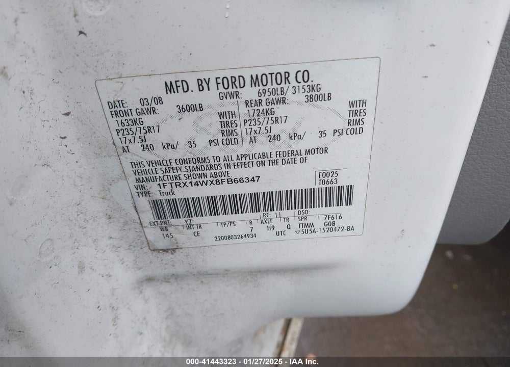2008 FORD F-150 VIN: 1FTRX14WX8FB66347