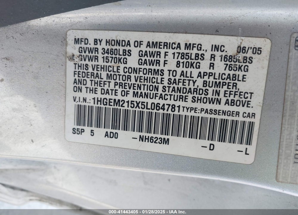 2005 HONDA CIVIC LX VIN: 1HGEM215X5L064781