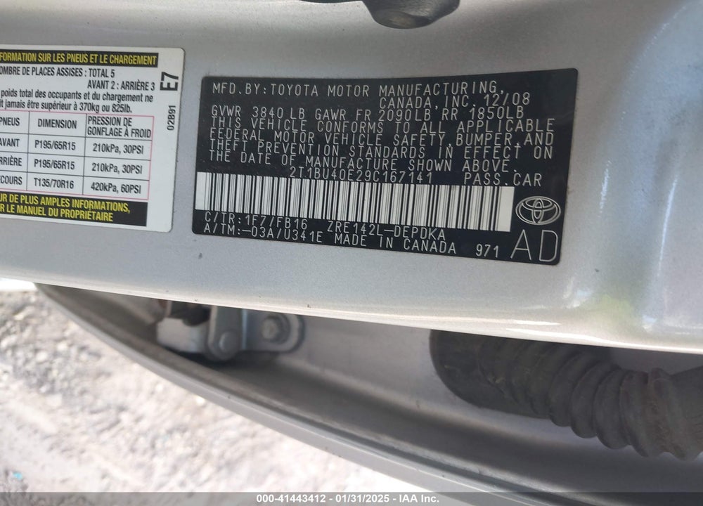 2009 TOYOTA COROLLA VIN: 2T1BU40E29C167141