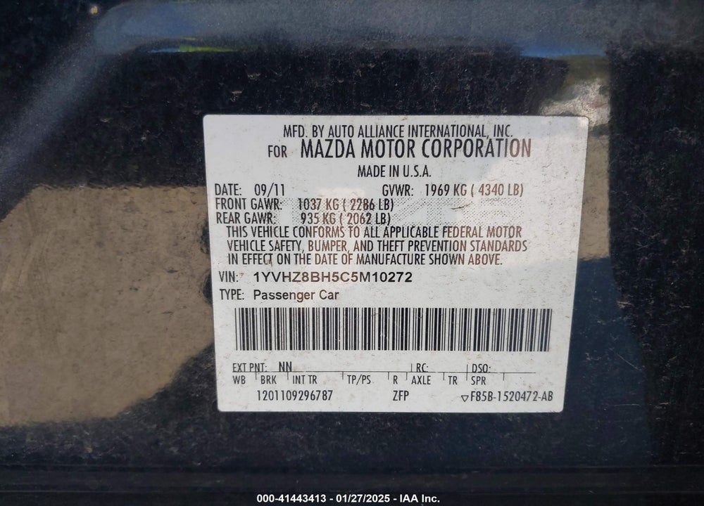2012 MAZDA MAZDA6 VIN: 1YVHZ8BH5C5M10272