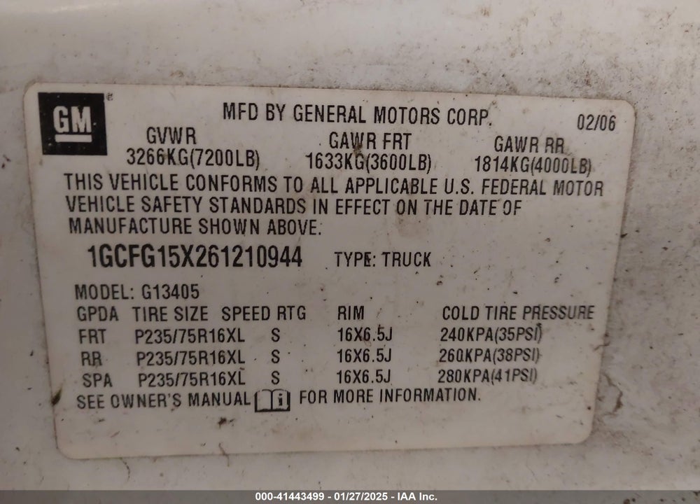 2006 CHEVROLET EXPRESS WORK VAN VIN: 1GCFG15X261210944