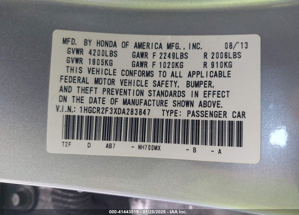 2013 HONDA ACCORD VIN: 1HGCR2F3XDA283847