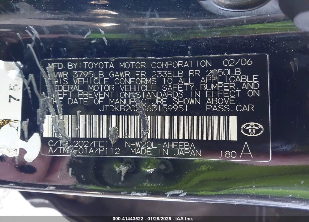 2006 TOYOTA PRIUS VIN: JTDKB20U063159951