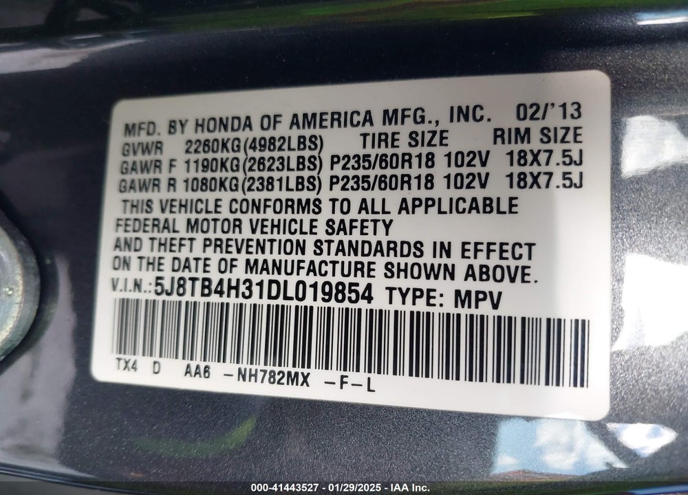 2013 ACURA RDX VIN: 5J8TB4H31DL019854