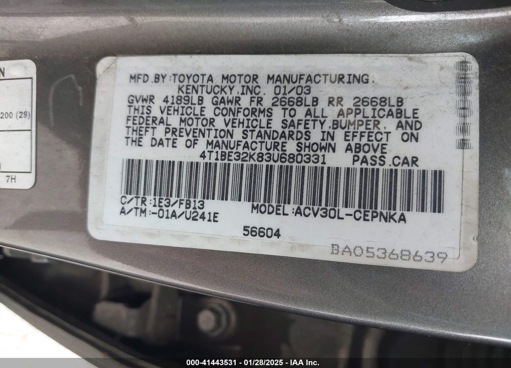 2003 TOYOTA CAMRY LE VIN: 4T1BE32K83U680331