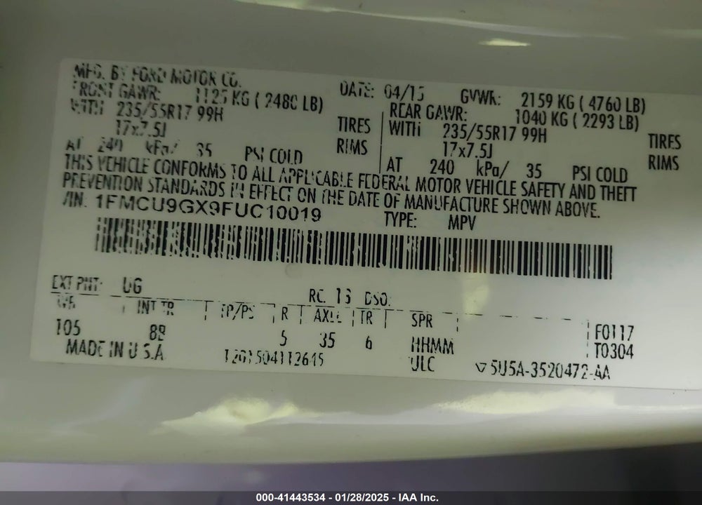 2015 FORD ESCAPE SE VIN: 1FMCU9GX9FUC10019