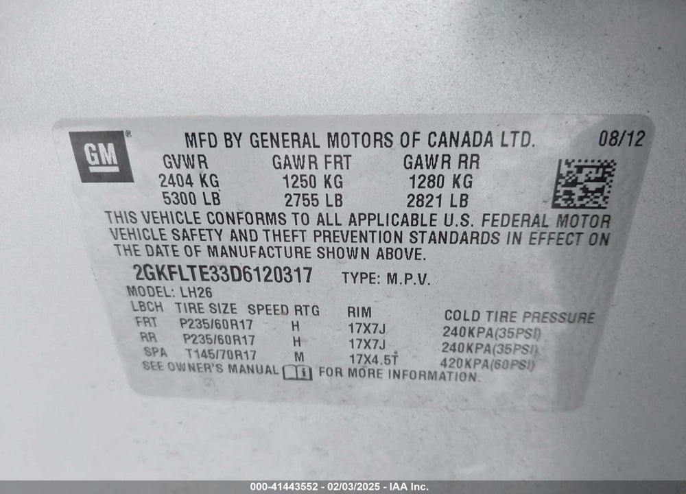 2013 GMC TERRAIN SLE-2 VIN: 2GKFLTE33D6120317