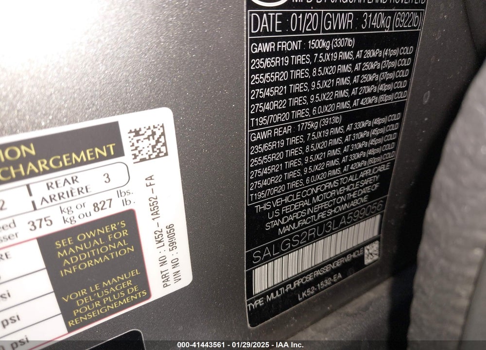 2020 LAND ROVER RANGE ROVER HSE VIN: SALGS2RU3LA599056