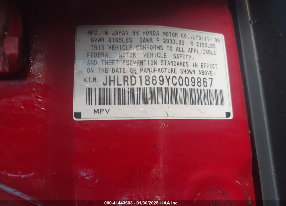 2000 HONDA CR-V VIN: JHLRD1869YC009867