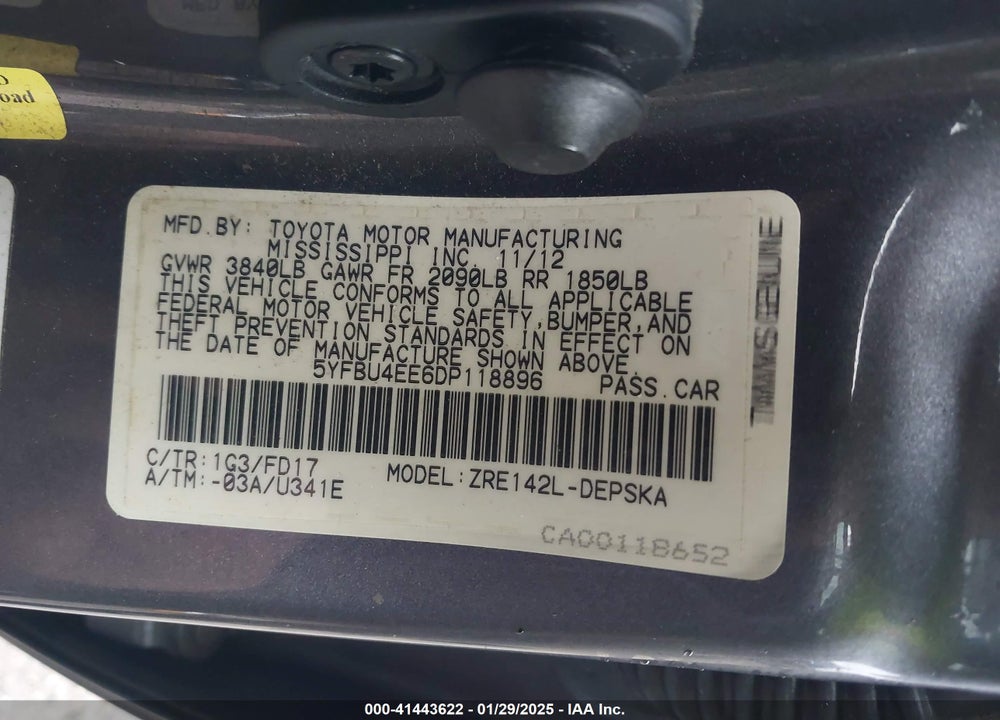 2013 TOYOTA COROLLA VIN: 5YFBU4EE6DP118896