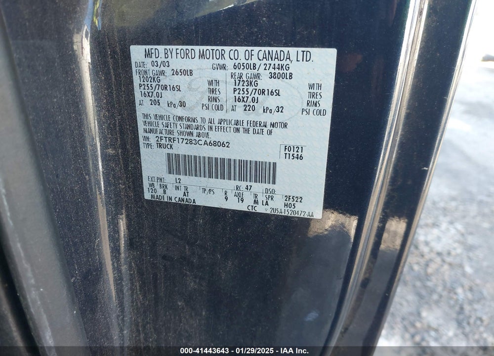 2003 FORD F-150 XL/XLT VIN: 2FTRF17283CA68062