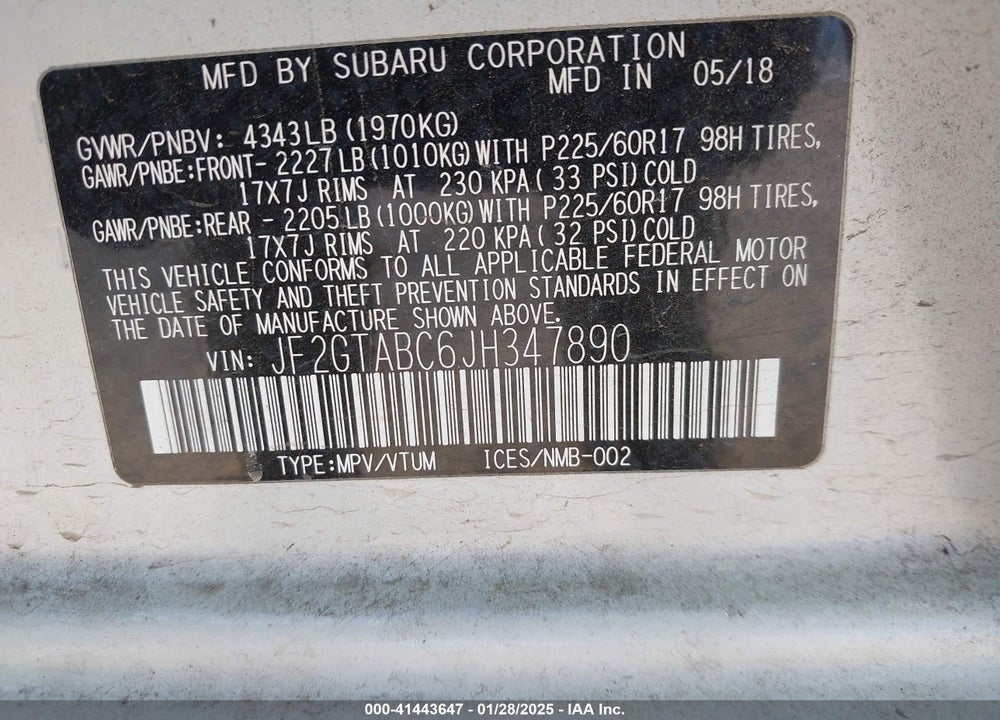 2018 SUBARU CROSSTREK 2.0I PREMIUM VIN: JF2GTABC6JH347890