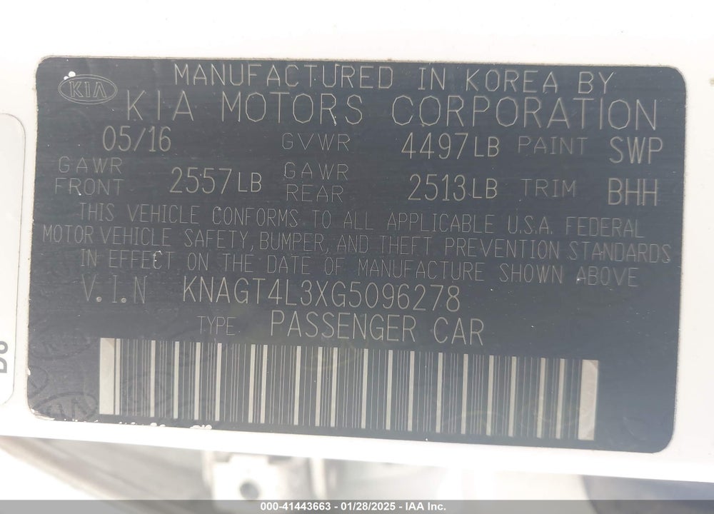 2016 KIA OPTIMA VIN: KNAGT4L3XG5096278