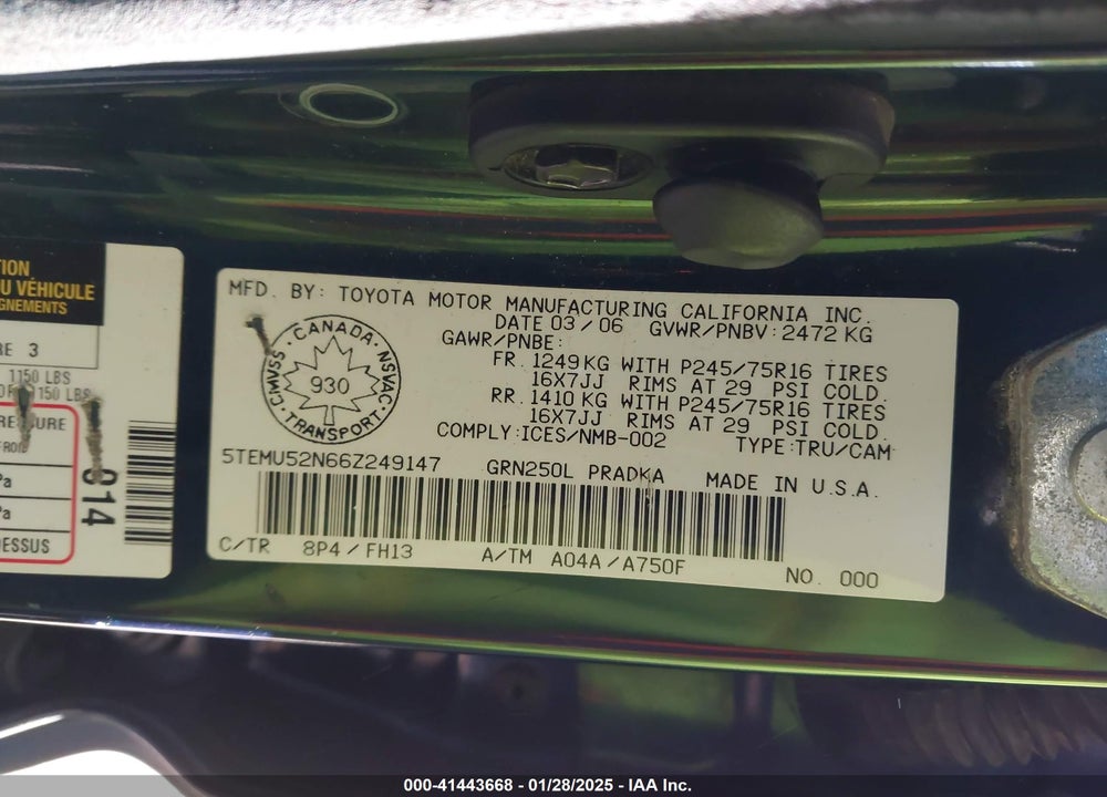 2006 TOYOTA TACOMA VIN: 5TEMU52N66Z249147