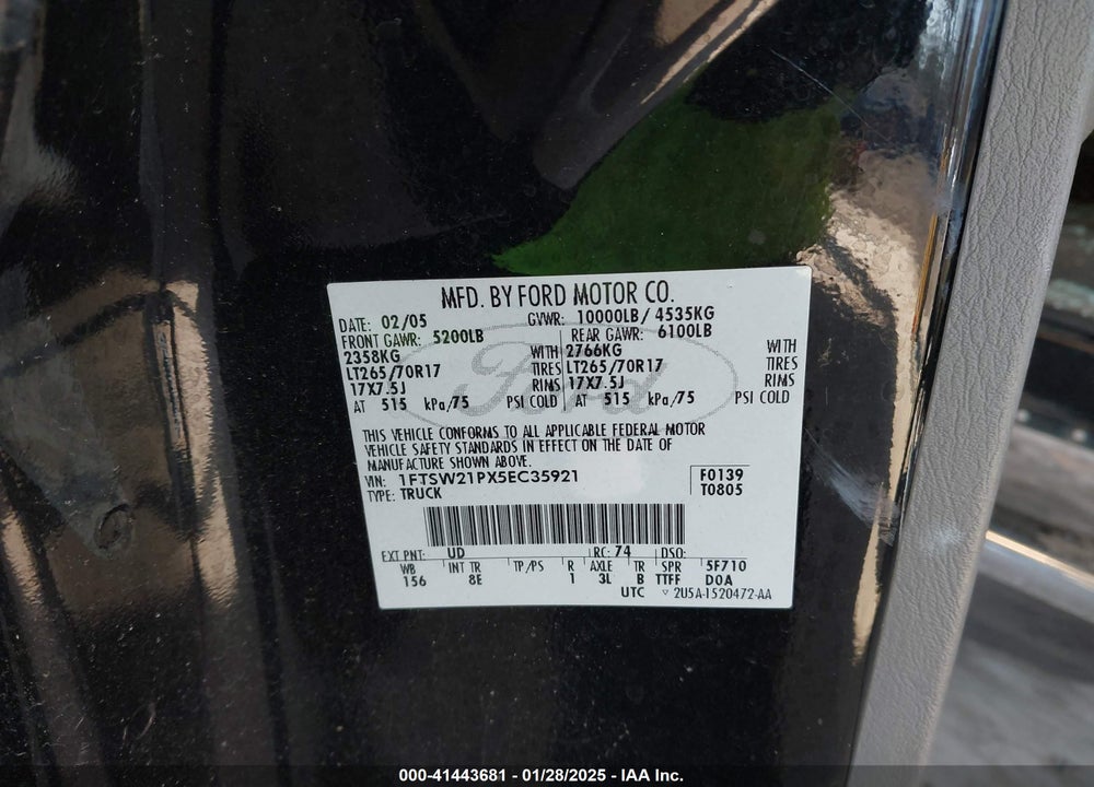 2005 FORD F-250 LARIAT/XL/XLT VIN: 1FTSW21PX5EC35921