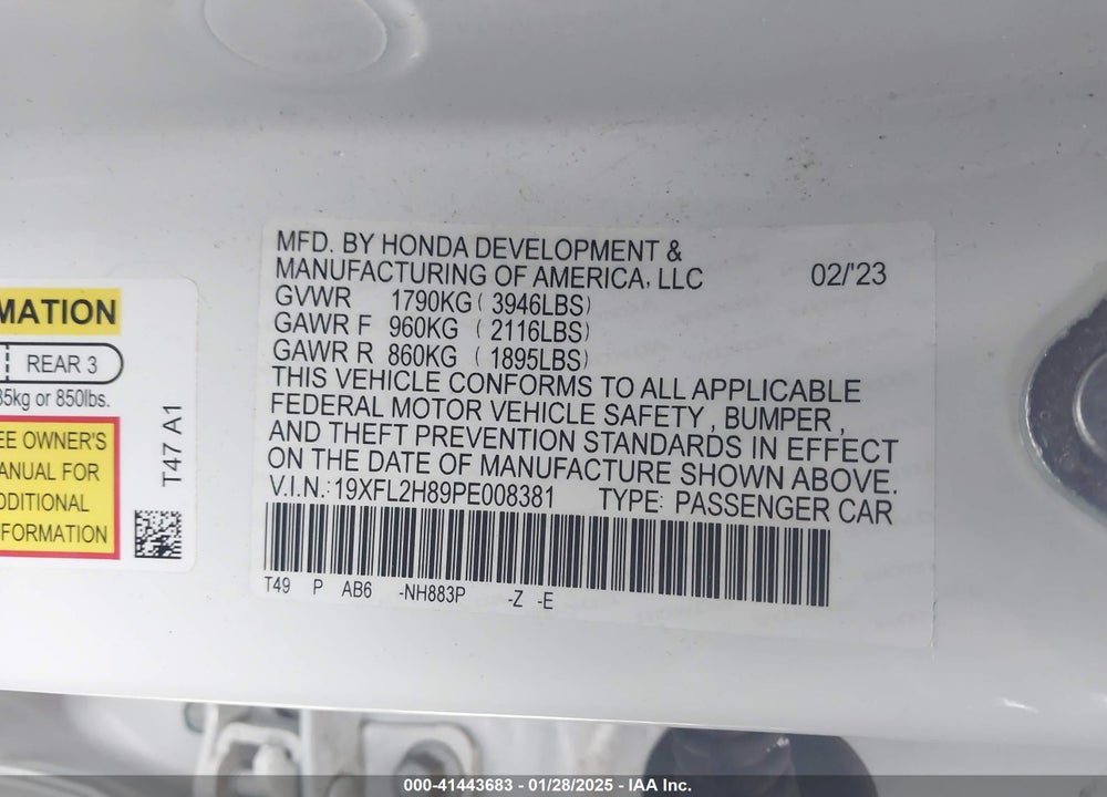 2023 HONDA CIVIC SPORT VIN: 19XFL2H89PE008381