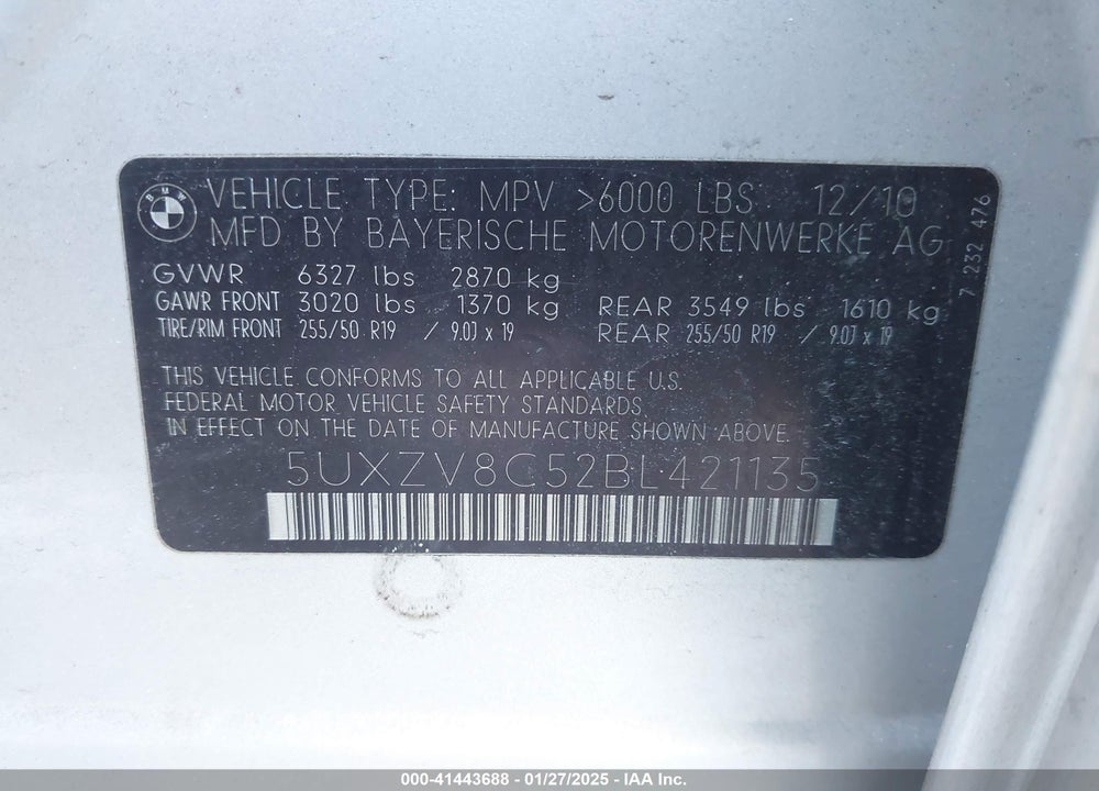 2011 BMW X5 XDRIVE50I VIN: 5UXZV8C52BL421135