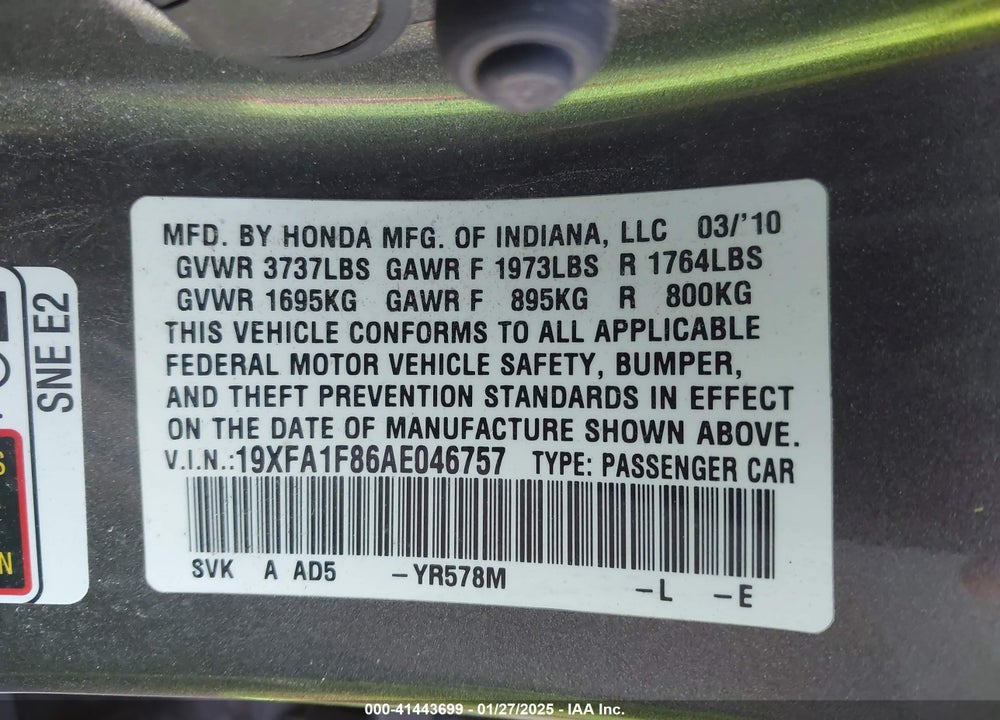 2010 HONDA CIVIC VIN: 19XFA1F86AE046757