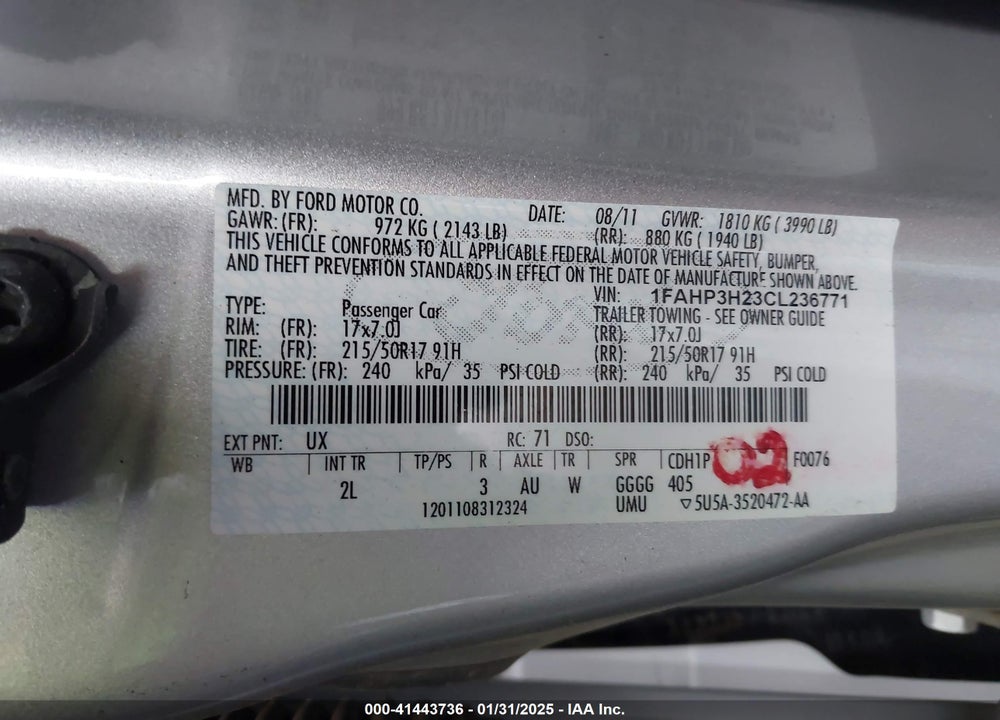 2012 FORD FOCUS VIN: 1FAHP3H23CL236771