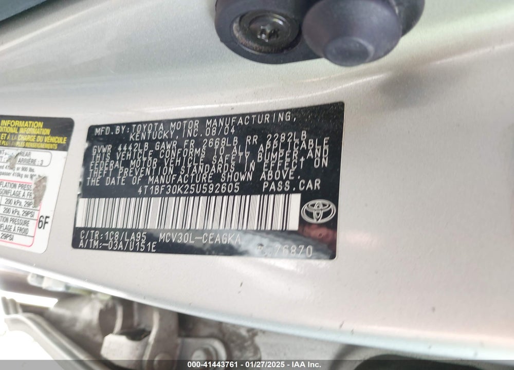 2005 TOYOTA CAMRY XLE V6 VIN: 4T1BF30K25U592605