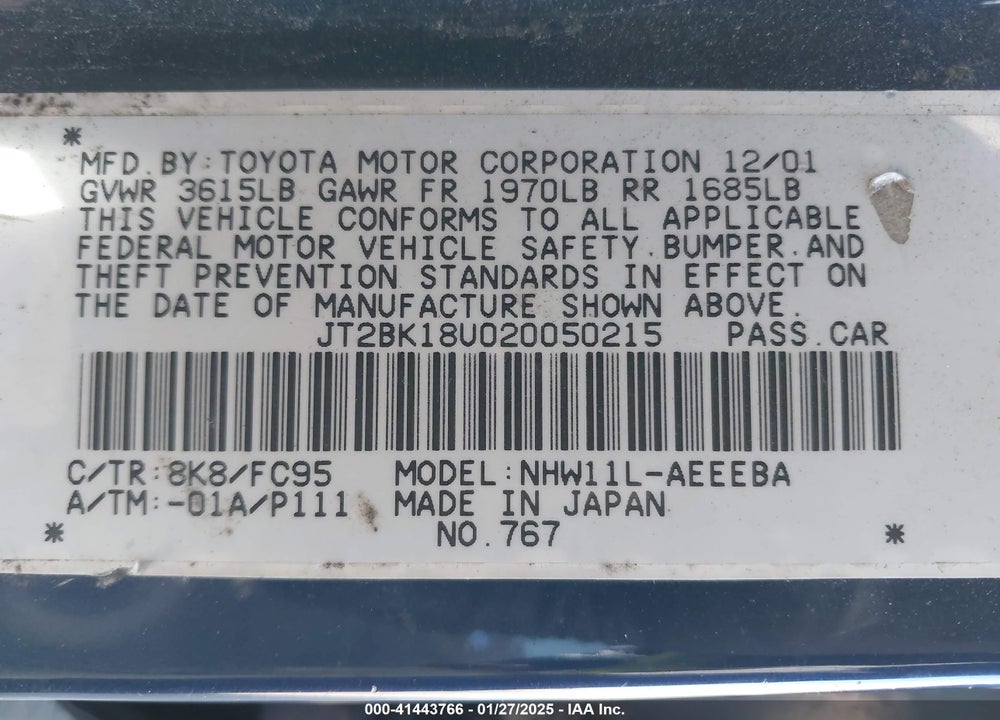 2002 TOYOTA PRIUS VIN: JT2BK18U020050215