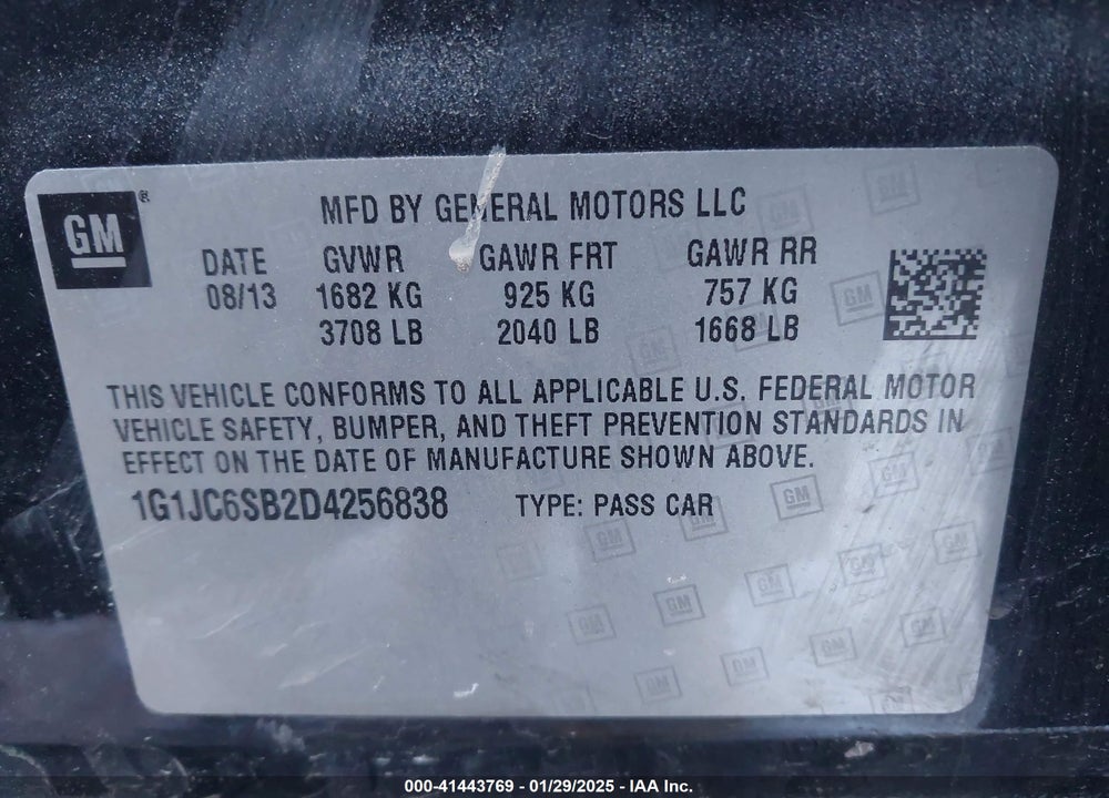 2013 CHEVROLET SONIC VIN: 1G1JC6SB2D4256838
