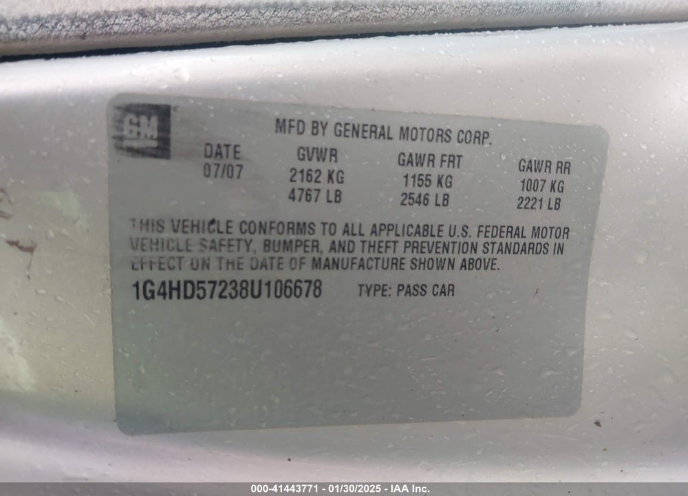 2008 BUICK LUCERNE VIN: 1G4HD57238U106678