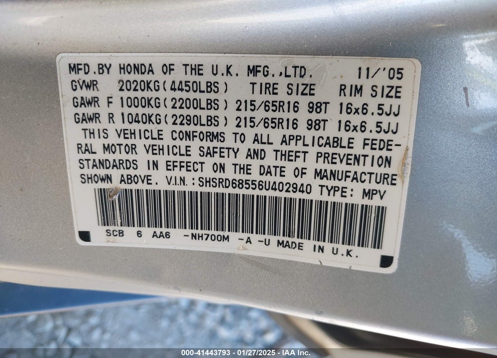 2006 HONDA CR-V LX VIN: SHSRD68556U402940