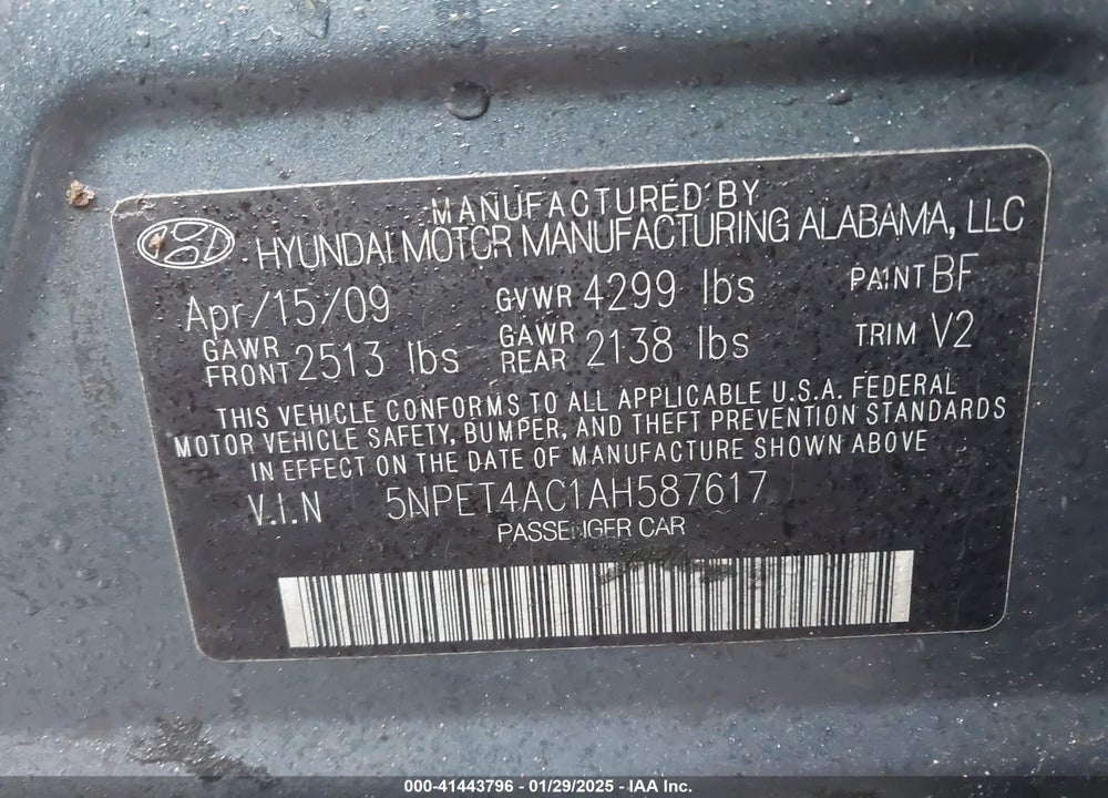 2010 HYUNDAI SONATA VIN: 5NPET4AC1AH587617