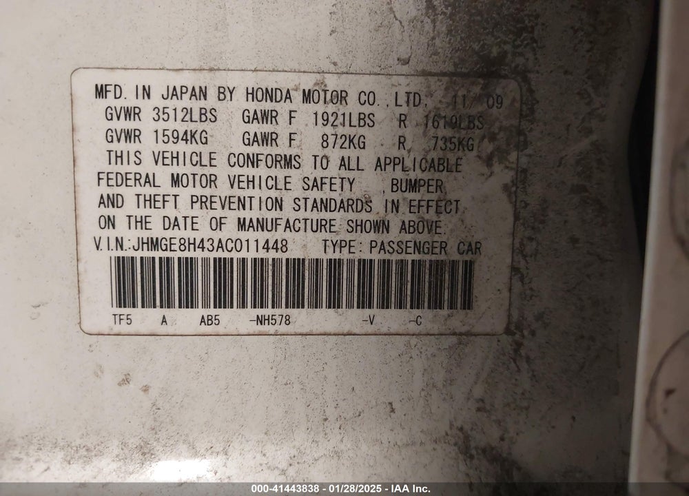 2010 HONDA FIT VIN: JHMGE8H43AC011448
