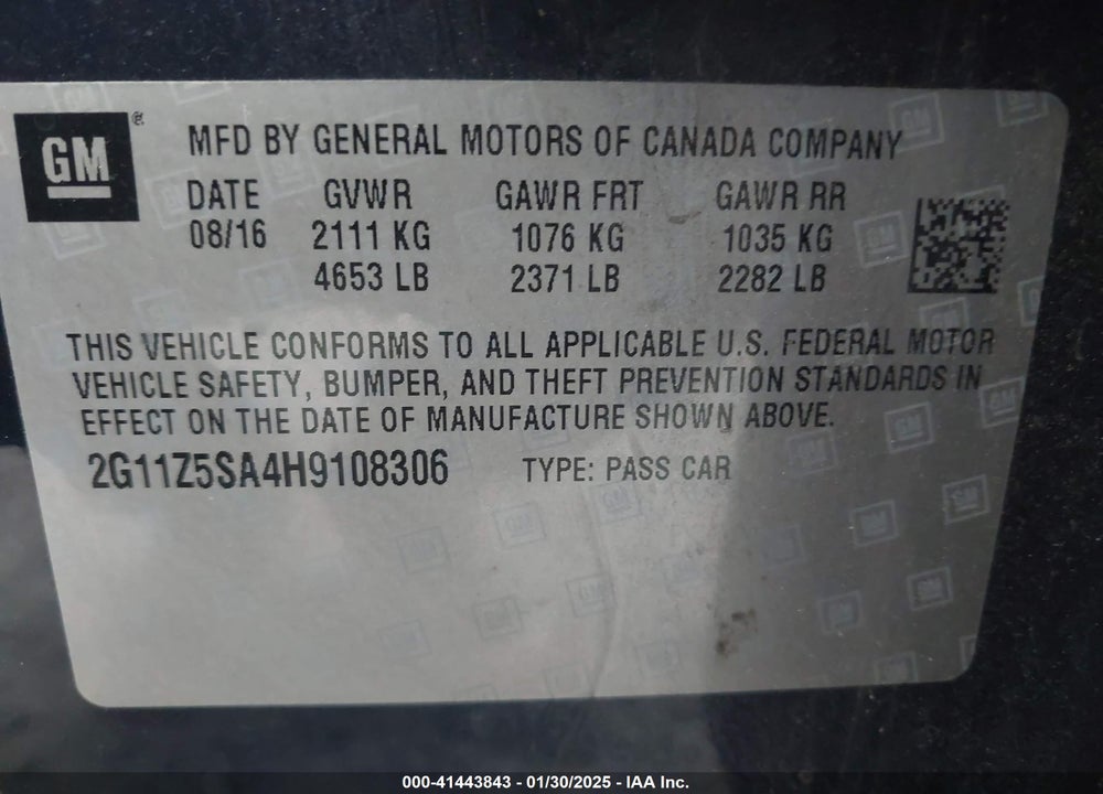 2017 CHEVROLET IMPALA VIN: 2G11Z5SA4H9108306