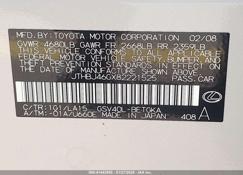 2008 LEXUS ES 350 VIN: JTHBJ46GX82221525