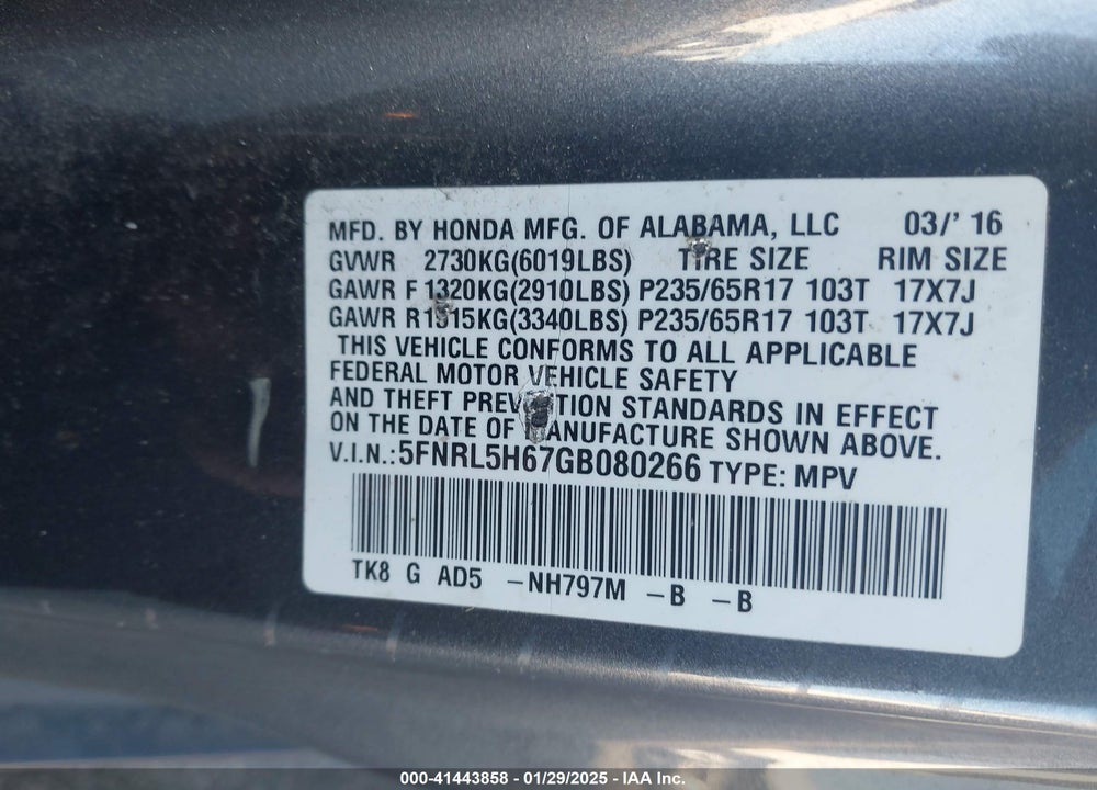 2016 HONDA ODYSSEY EX-L VIN: 5FNRL5H67GB080266