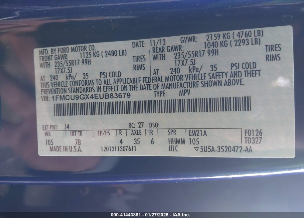 2014 FORD ESCAPE SE VIN: 1FMCU9GX4EUB83679