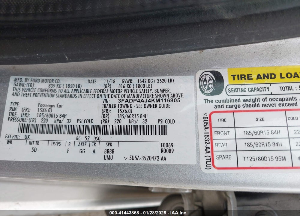 2019 FORD FIESTA VIN: 3FADP4AJ4KM116805