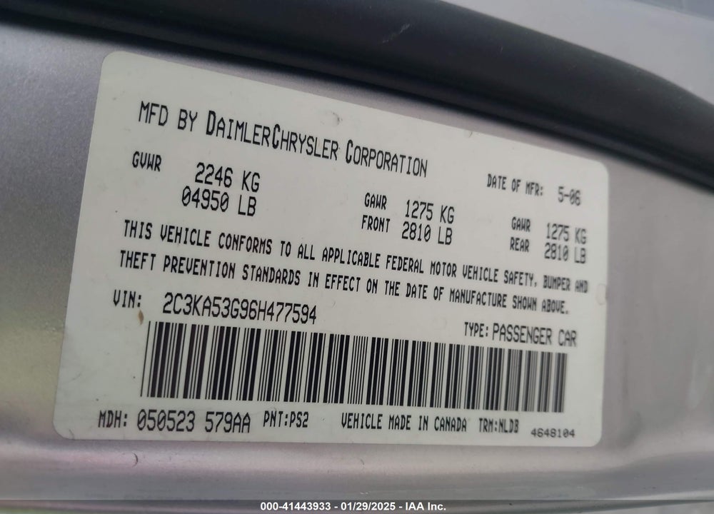 2006 CHRYSLER 300 VIN: 2C3KA53G96H477594
