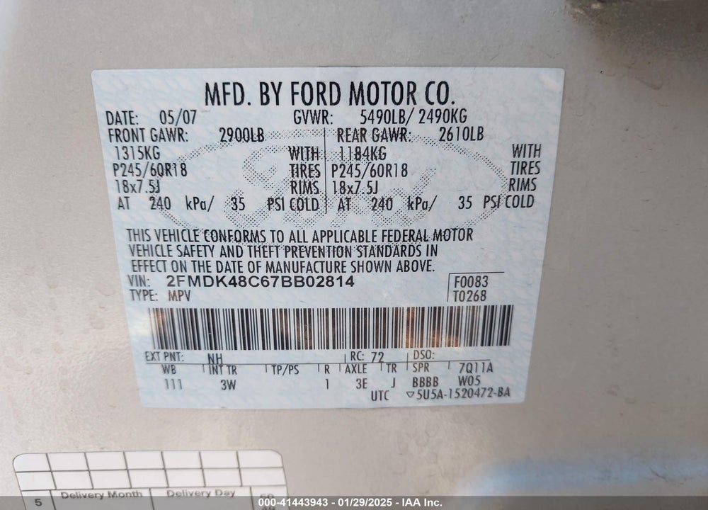 2007 FORD EDGE SEL VIN: 2FMDK48C67BB02814