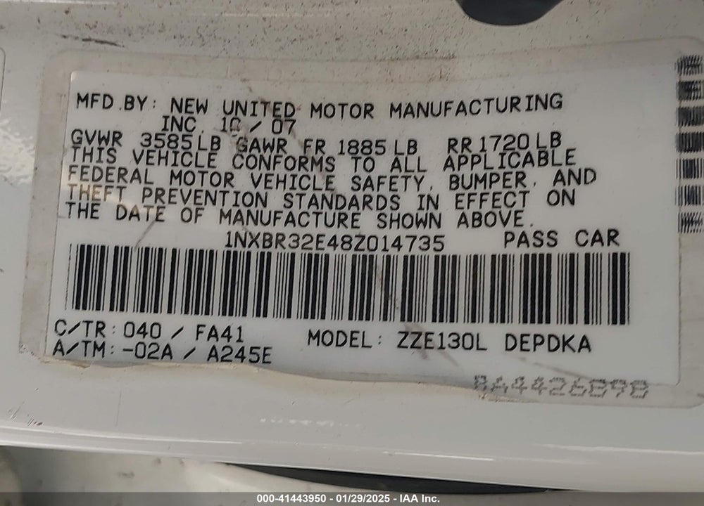 2008 TOYOTA COROLLA CE VIN: 1NXBR32E48Z014735