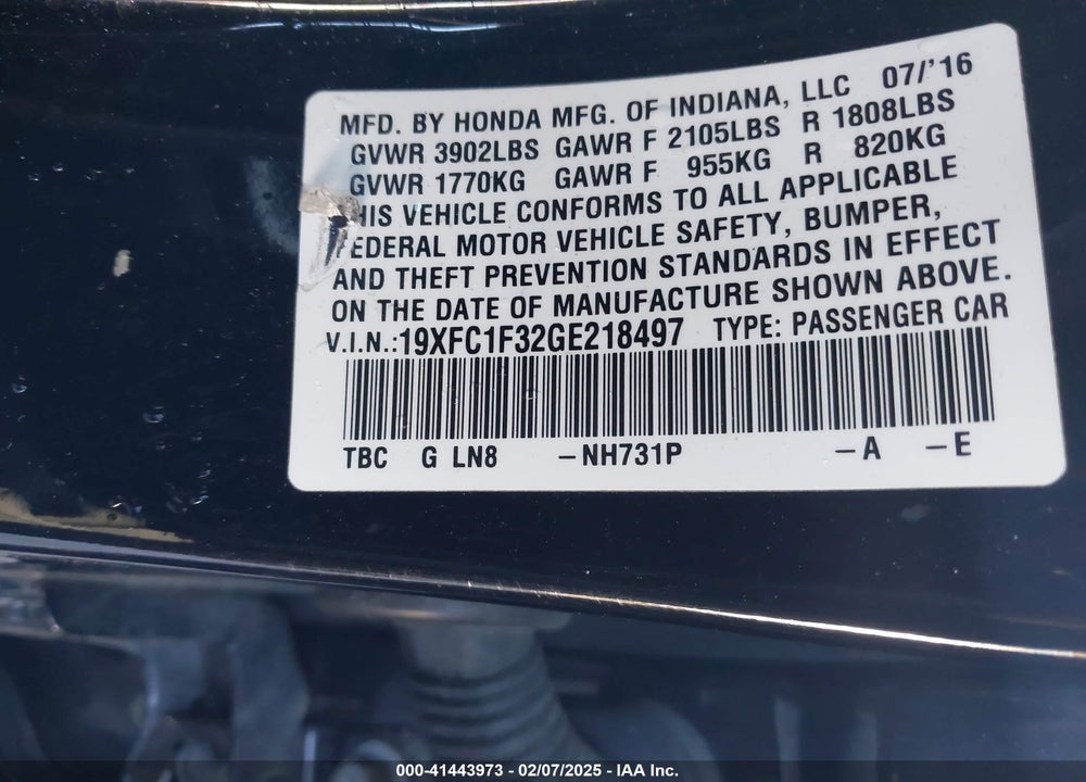 2016 HONDA CIVIC VIN: 19XFC1F32GE218497